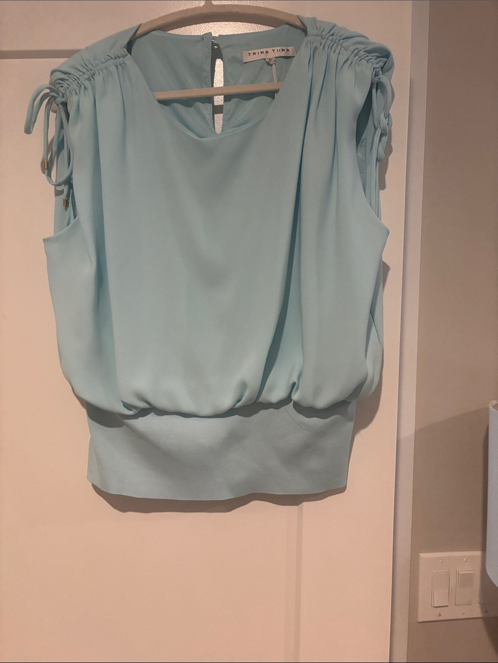Trina Turk Light Aqua Sleeveless Blouson Top with Tie Shoulders